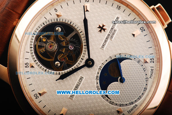Vacheron Constantin Geneve Swiss Valjoux 7750 Tourbillon Manual Winding Movement Rose Gold Case with White Dial and Brown Leather Strap - Click Image to Close